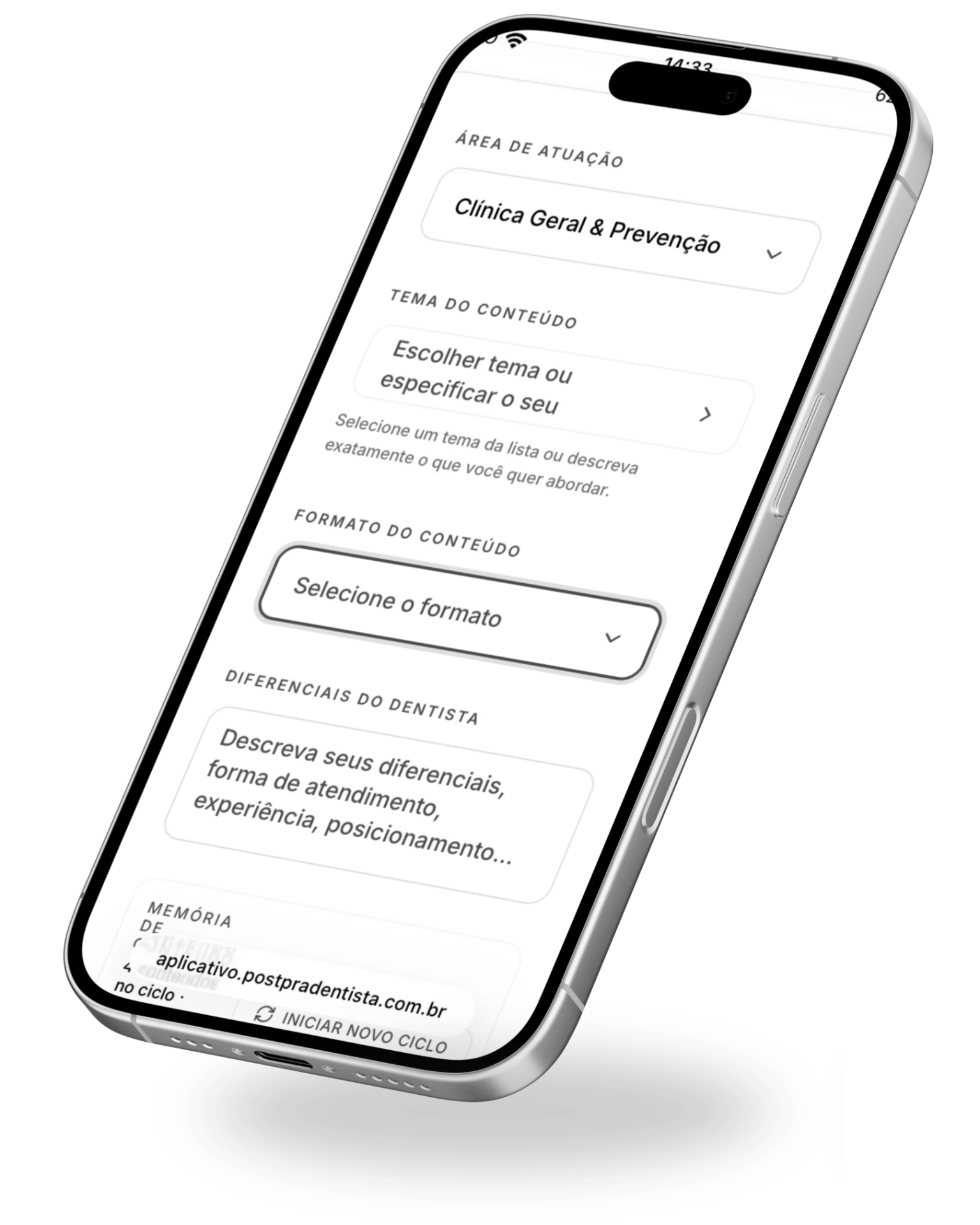 Formulário da plataforma Post Pra Dentista® em um iPhone