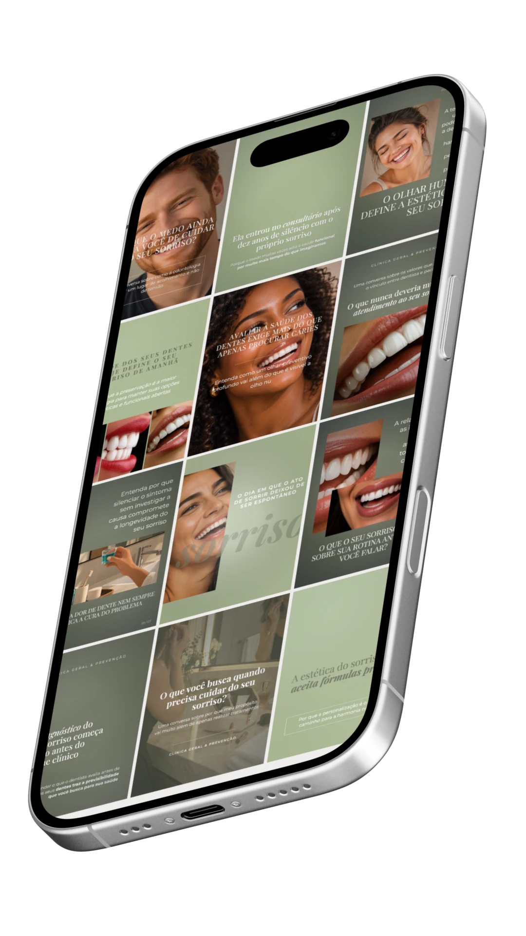 Mockup do iPhone com grade de conteúdos gerados pela plataforma Post Pra Dentista®