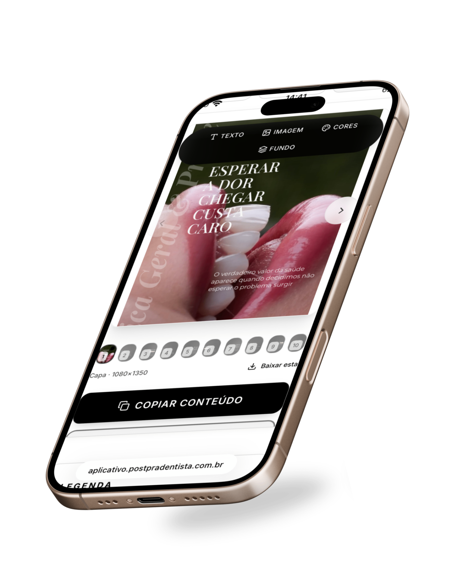 Editor de carrossel da plataforma Post Pra Dentista® em um iPhone